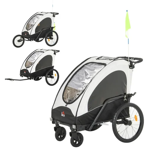 "3 in 1 Kinderanhänger Aluminium Kinder Jogger Fahrradanhänger Radanhänger für 2 kinder mit Fahne Weiß+Schwarz image"