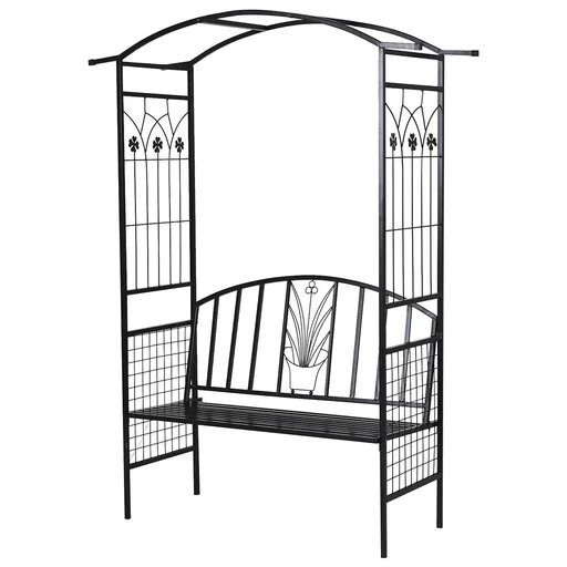 "Pflanzbogen mit Bank Sitzbank Torbogen Rankgitter Rankhilfe Garten Bogendach Metall Schwarz 152 x 58 x 207 cm image"