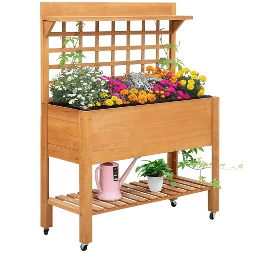 "Hochbeet Pflanztisch Blumentisch Arbeitstisch Gärtnertisch Gewächshaus Holzpflanztisch für Garten Balkon, 105 x 45 x 135 image"