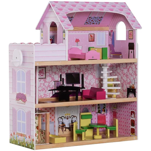 "Kinder Puppenhaus Puppenstube Barbiehaus Dollhouse 3 Etagen mit Möbeln L60 x B30 x H71 image"