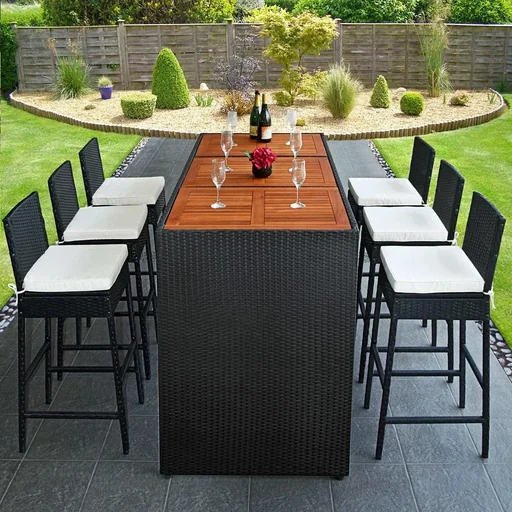 "Polyrattan Bar Set 13 tlg. - Tischplatte Akazienholz - inkl. Stuhlbezug image"
