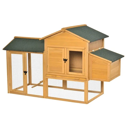 "Hühnerstall Hühnerhaus mit Auslauf Geflügelstall mit Stange Fenster Nistkasten Tannenholz Gelb+Grün 168x75x103 cm image"
