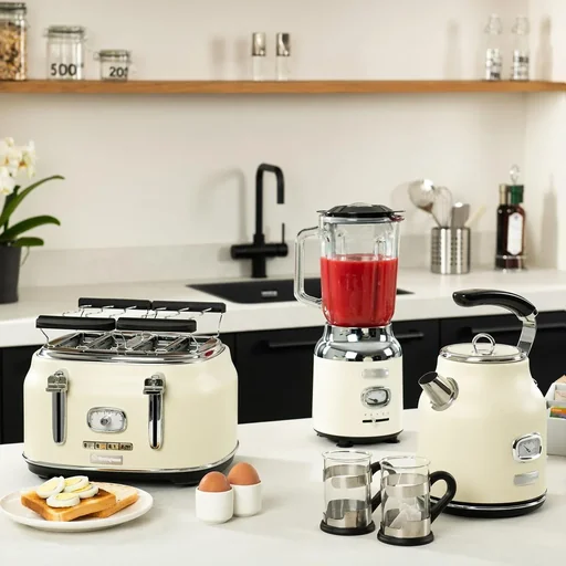 "SET aus 3 - Retro Mixer + Wasserkocher 1,7 Liter + Toaster - Weiß image"