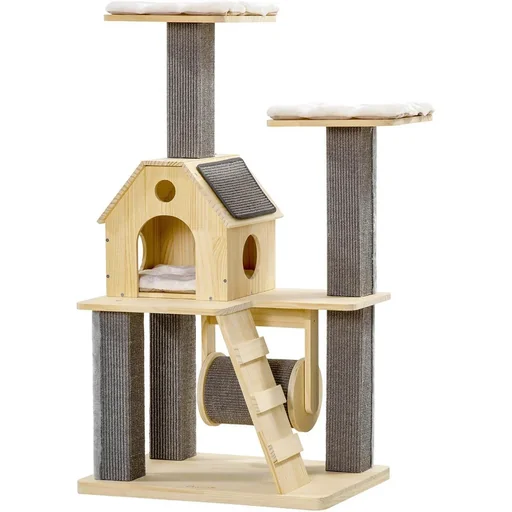 "Spielplattform für Katzen - mit Haus und Leiter - Holz/Grau - 70 x 50 x 125 cm image"