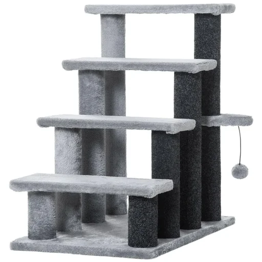 "Haustiertreppe mit Kratzbaum Ball 4-stufige Katzentreppe Hundetreppe Tiertreppe Spanplatte Plüsch Jute Grau 60 x 40 x 64 image"