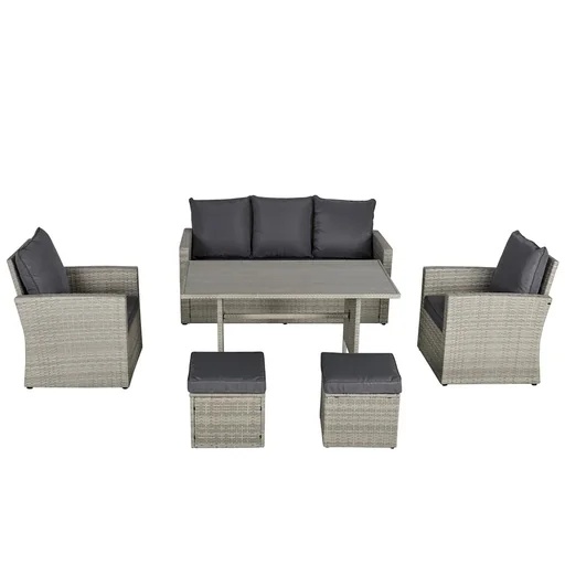 "Poly Rattan Sitzgruppe 6 tlg. Garten Essgruppe Sofa-Set Sofa Lounge Hocker Hof Balkon Pool PE Rattan Grau image"