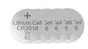 Lithium Knopfzelle CR2016, 3 Volt - 5 Stück