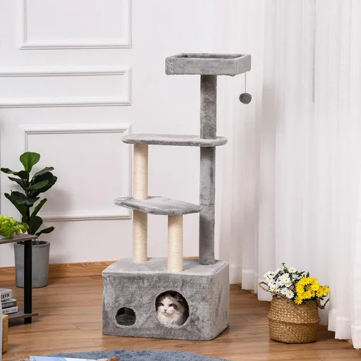 "Kratzbaum mit Katzenhöhle Ballspielzeug Katzenbaum Kletterbaum für Katzen Mehrstufiges Multiaktivitätszentrum E1 MDF Sis image"