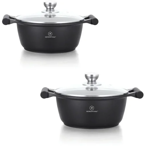 "Herenthal 2-teiliges Kochgeschirrset - Schmorpfanne - 24cm, 26cm - Marmorbeschichtung - mit Glasdeckel image"