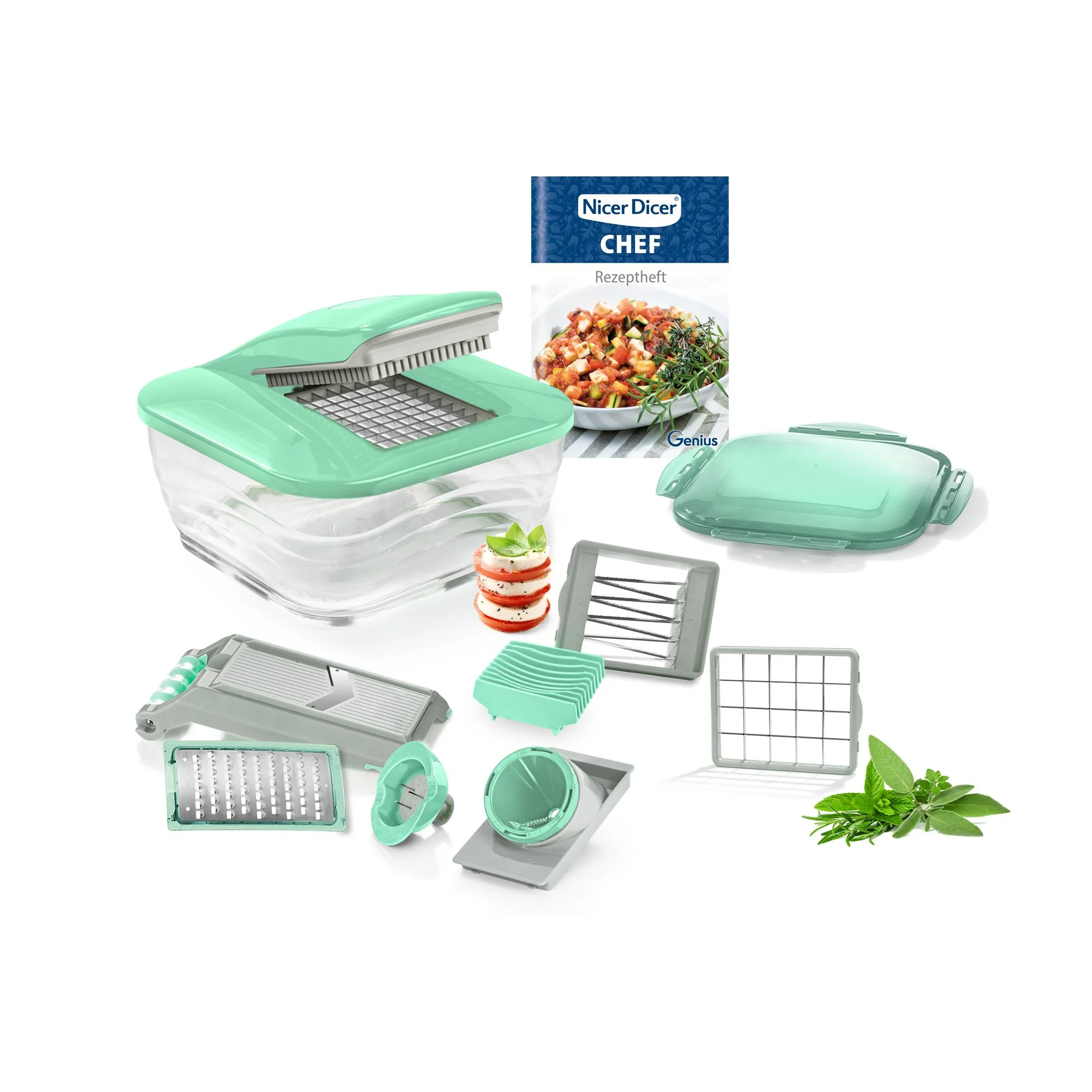 Nicer Dicer Chef, Mintgrün, 15-teilig