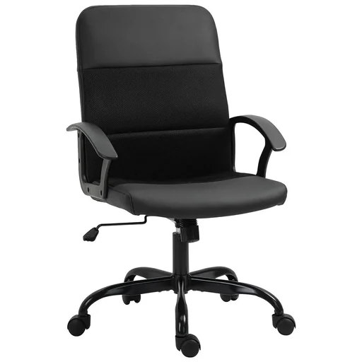 "Ergonomischer Bürostuhl, Höhenverstellbarer Schreibtischstuhl, Drehstuhl, PVC + Netz Bezug, Schwarz, 60 x 64 x 99-107 cm image"