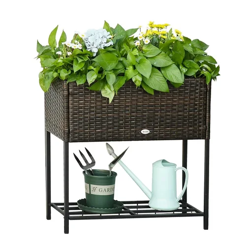 "Poly Rattan Hochbeet Blumenkasten mit Füßen Blumentopf mit Ablage Braun 70 x 30 x 72 cm image"