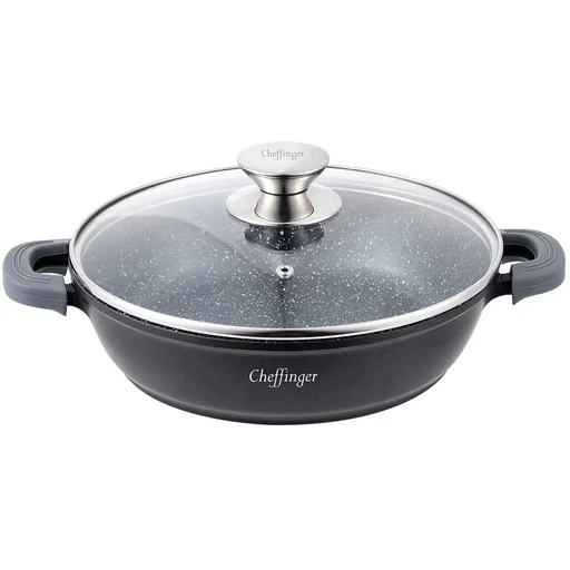 "Cheffinger Schmortopf / Niedrige Pfanne / Serviertopf - Marmorbeschichtung - mit abnehmbaren Silikongriffen - SS - 28cm image"