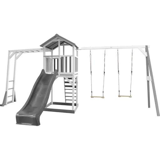 "Beach Tower Spielturm mit Klettergerüst und Doppelschaukel - Graue Rutsche image"