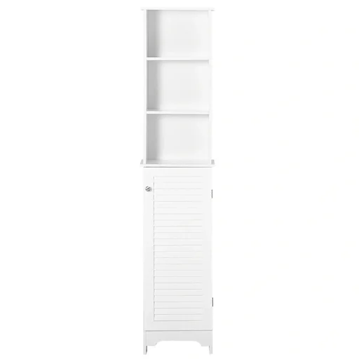 "Badezimmerschrank mit höhenverstellbarem Regal Badmöbel mit Lamellentür Badezimmer-Hochschrank MDF Spanplatte Weiß 34 x image"
