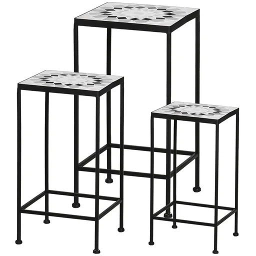 "Blumenständer 3er Set aus Metall keramische Fliesen Stapelbar Pflanzenhocker für Blumentopf Schwarz+Weiß image"