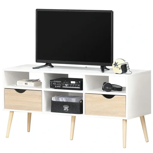 "Fernsehtisch Fernsehschrank mit 2 Schublade TV-Board Spanplatte Massivholzbeine Weiß+Eiche 117 x 39 x 57 cm image"
