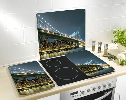 "3 in 1 Herd-Abdeckplatten, Schneidbretter, Arbeitsplatten, Glas, Brooklyn Bridge-Design, je 52 x 30 cm, 2er-Set image"