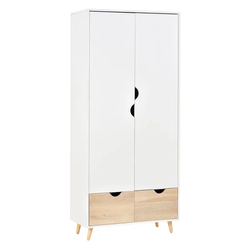"Kleiderschrank Garderobe Schrank mit Stange Schublade für Wohnzimmer Schlafzimmer Weiß+Natur 80 x 40 x 180 cm image"