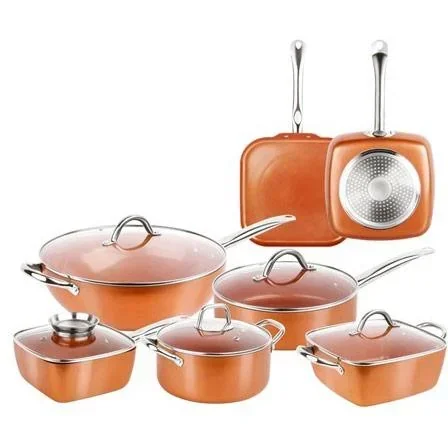 "L 12-teiliges Kochgeschirr-Set - inklusive Deckel - Wokpfanne, Stieltopf, Grillpfanne, Bratpfanne - Kupfer - Aluminiumg image"