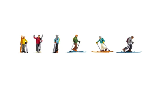 "Skitourengeher, 3x Figuren auf Skieren + 3x Figuren mit Skiern tragend, Spur H0 image"
