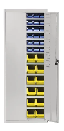 "Flügeltürenschrank MKST 4/17 C, lichtgrau mit 60 farbigen Magazinkästen image"